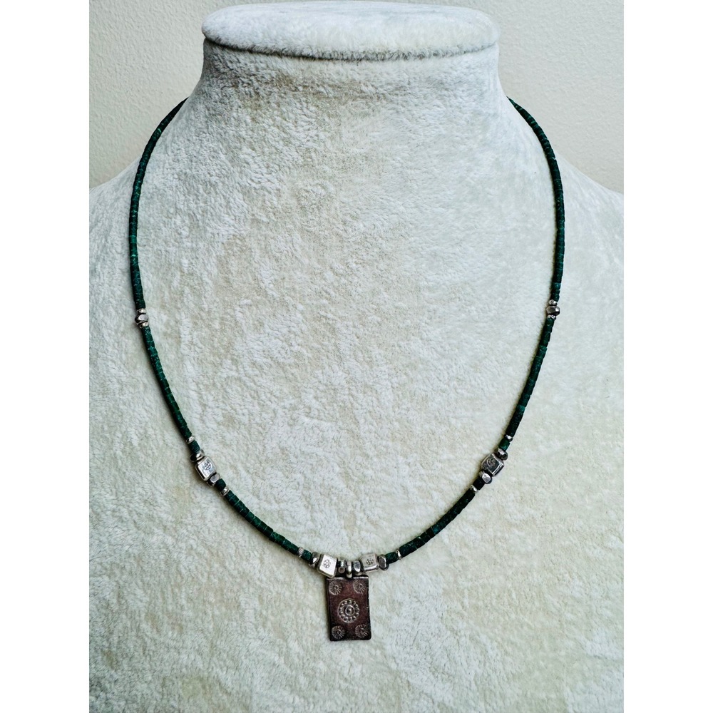 Artisan Green Heishi Bead 16" Choker Necklace Silver Tone Pendant Cowgirl